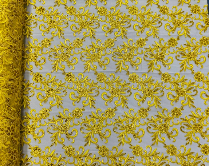 Yellow Floral Lace Fabric, by the yard - Embroidery With Sequins on a Mesh Lace Fabric For Gown, Wedding-Bridal