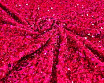 Fuchsia Sequin Fabric: Stretch Velvet, 5mm Sequins - By The Yard