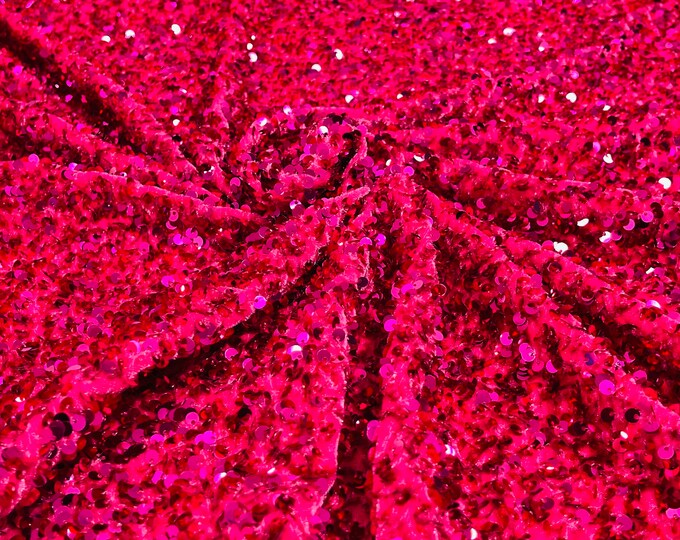 Fuchsia Sequin Fabric on Stretch Velvet - by the yard - all Over 5mm Sequins Velvet 2-way Stretch 58/60”