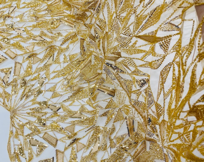 Gold Beaded Lace Fabric: Geometric Sequins on Mesh, Bridal Wedding Dress