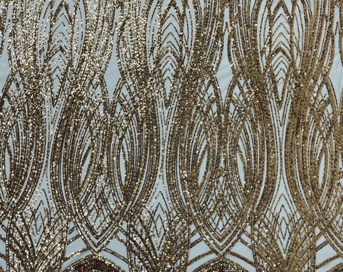 Gold Sequins Fabric | 4 Way Stretch Fancy Big Damask Design Sequins on Spandex Mesh Prom Gala Gown Fabric By The Yard
