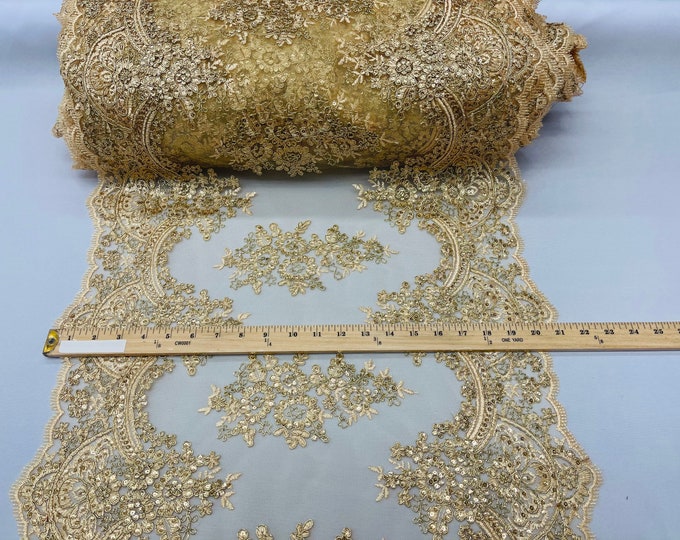 Metallic Gold Floral Lace Fabric For Runner - by the yard - Embroidery With Sequins on a Mesh Lace Fabric For Wedding-Bridal