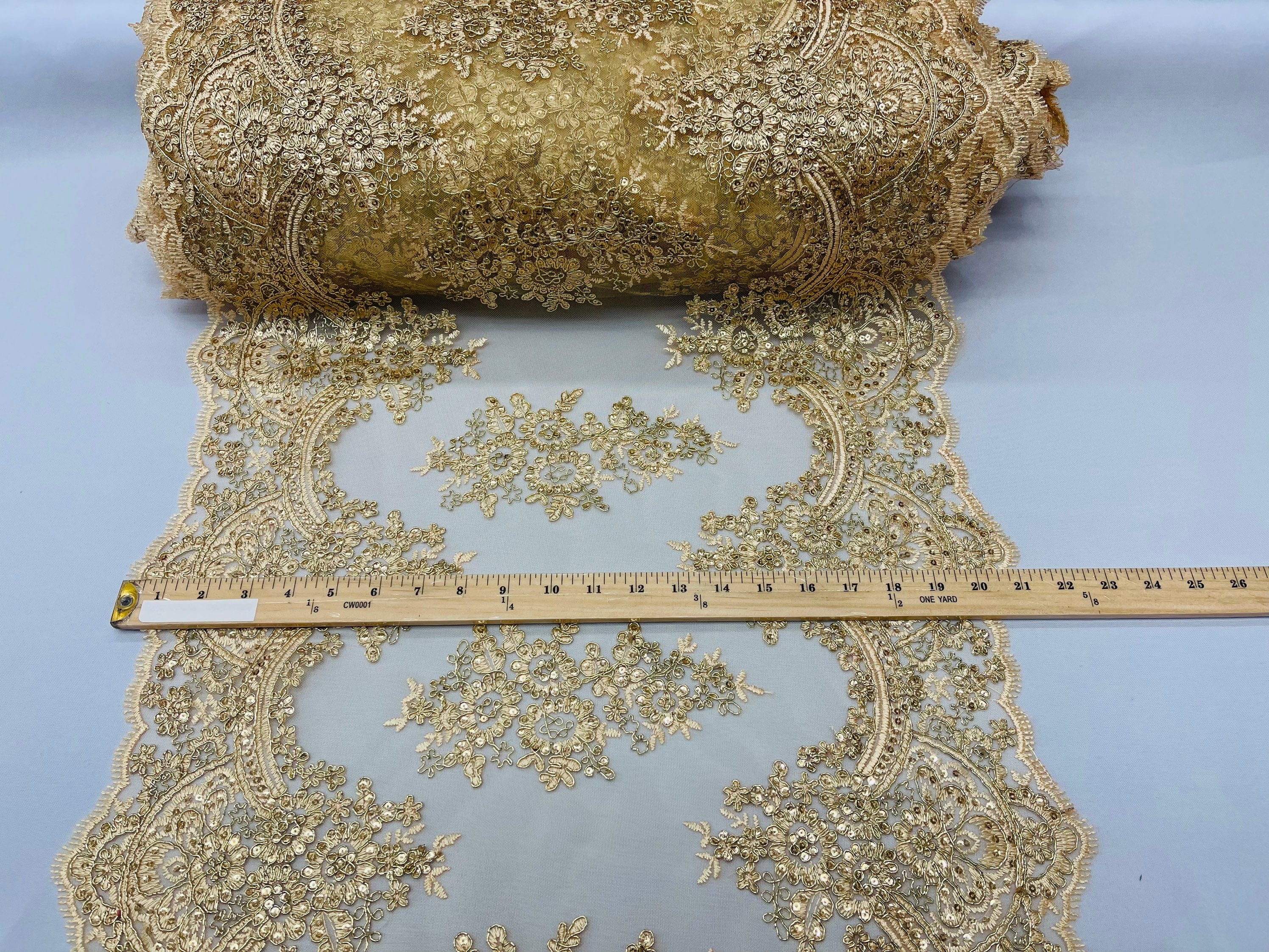 Wholesale PH PandaHall 18.6 Yard Sequinned Lace Trim Golden Beaded Lace  Trim 1.3 Sequins Ribbon Vintage Decorative Sewing Fabric Wave-Shaped Lace  Ribbon for Wedding Craft Party Dress Hair Hat Bag Decoration 