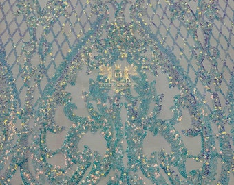 Clear Iridescent Sequins Fabric | White 4 Way Stretch Mesh | Embroidered Damask Design With Iridescent Sequin Lace Prom-Gown by the yard
