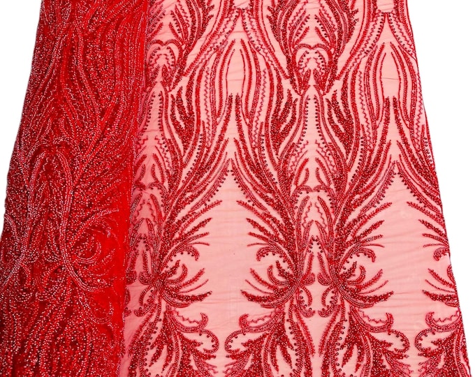 Red Beaded Lace Fabric: Embroidered Mesh, Bridal Wedding Dress