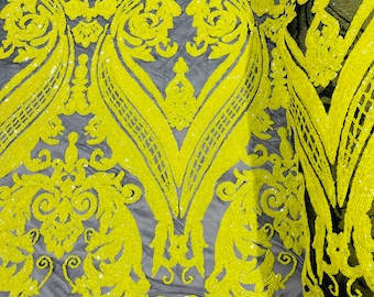 Yellow Sequin Damask Fabric: Black Mesh, 4-Way Stretch - By The Yard