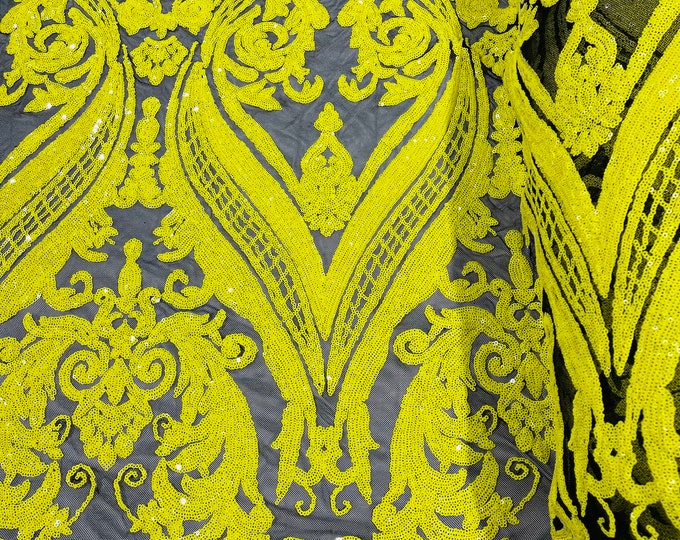 Yellow Sequin Fabric on Black Mesh - 4 Way Stretch Fancy Big Damask Design Sequins on Spandex Mesh Prom Gala Gown Fabric By The Yard