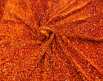 Orange Sequin Stretch Velvet Fabric: 5mm Shining Sequins, 2-Way Stretch