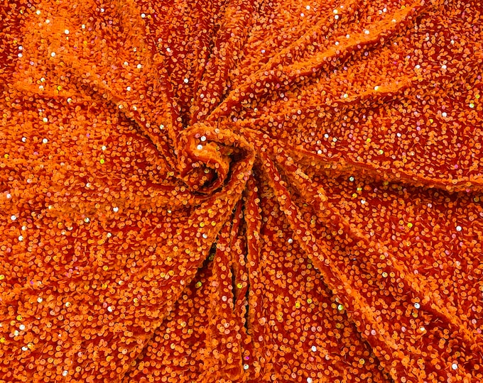 Orange Sequin on Stretch Velvet With Partial Luxury Sequins  5mm Shining Sequins 2-way Stretch 58/60” (Choose The Quantity)
