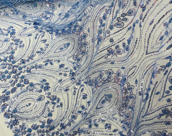 Blue Fashion Design Beads and Sequins, Luxury Beaded Fabric Embroidered on a Mesh Lace,Wedding,Bridal,Dress Sold By The Yard