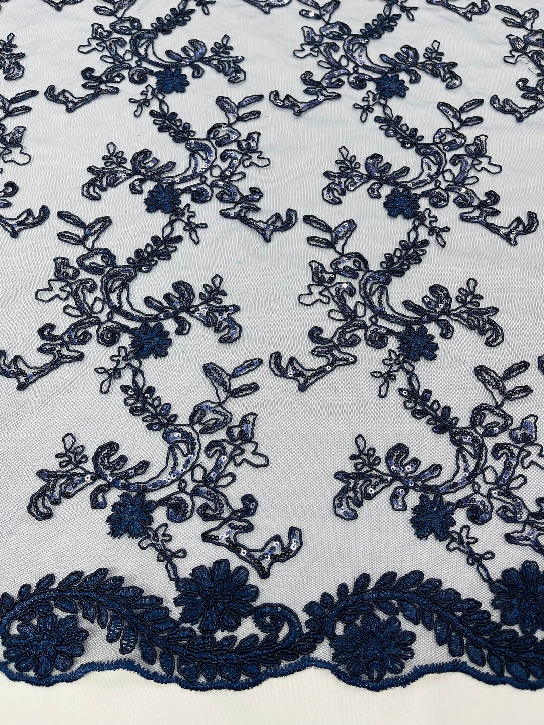 Navy Blue Floral Sequin Embroidery Lace Fabric, Bridal Gown Fabric by ...