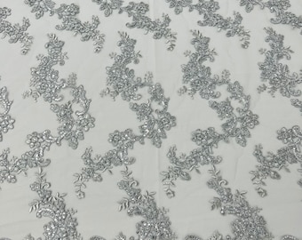 Silver Floral Sequin Lace Fabric, Bridal Wedding Gown, By The Yard
