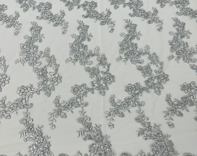 Silver Floral Lace Fabric, by the yard - Embroidery With Sequins on a Mesh Lace Fabric For Gown, Wedding-Bridal