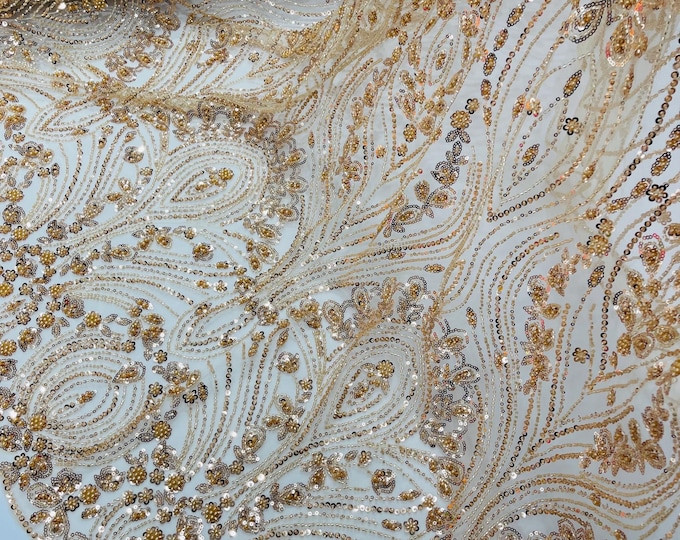 Champagne Fashion Design Beads and Sequins, Luxury Beaded Fabric Embroidered on a Mesh Lace,Wedding,Bridal,Dress Sold By The Yard