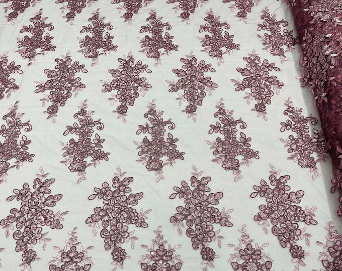 Dusty Rose Floral Lace Fabric, Embroidery With Sequins on a Mesh Lace Fabric For Gown, Wedding-Bridal By The Yard