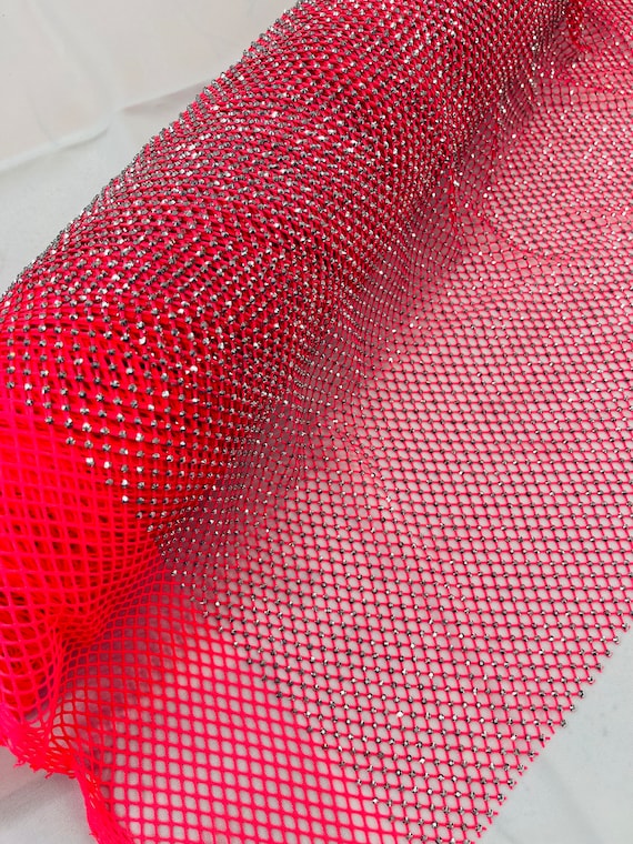 Silver Rhinestones Fabric on Hot Pink Stretch Net Fabric, 4 Way Spandex Fish  Net With Crystal Stones Sold by the Yard 