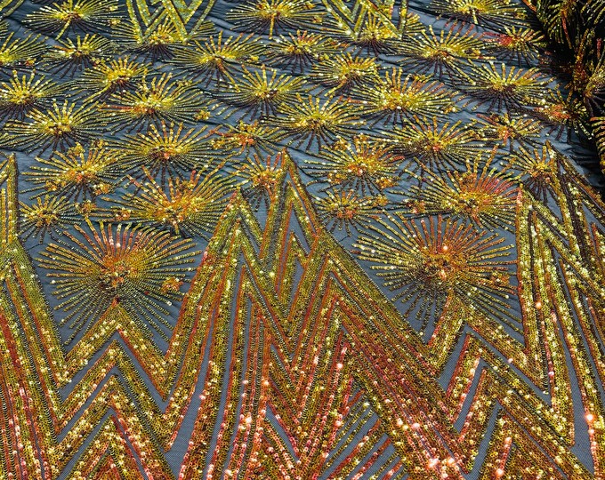 Orange Iridescent Geometric Design 4 Way Stretch, Embroidered With Sequins On Power Mesh, By The Yard