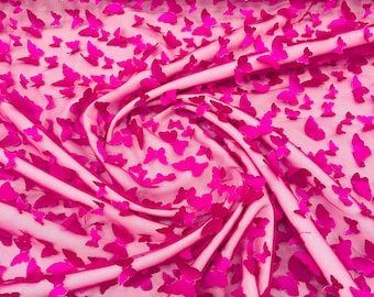 Fuchsia 3D Butterfly Lace Fabric: Embroidered Tulle Mesh, Bridal Wedding Dress by the yard