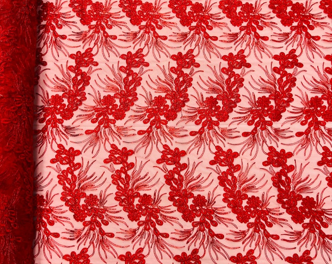 Metallic Red Corded Floral Lace Fabric, by the yard - Embroidery With Sequins on a Mesh Lace Fabric For Gown, Wedding-Bridal