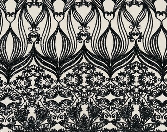 Black Sequin Fabric by the yard - Damask Design on Nude Mesh 4 Way Stretch Sequins Fabric Prom-Gown