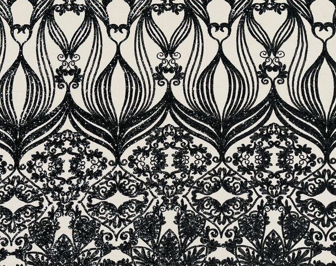 Black Sequin Fabric by the yard - Damask Design on Nude Mesh 4 Way Stretch Sequins Fabric Prom-Gown