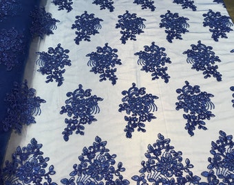 Royal Blue Floral Embroidered Sequin Lace Fabric - By The Yard