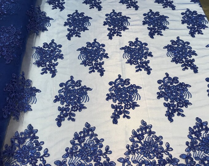 Flower Lace Fabric - Royal Blue Floral Clusters Embroidered Lace Mesh Fabric Sold By The Yard
