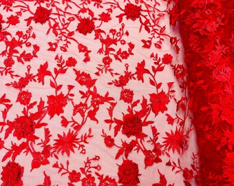 Red 3D Flower-Floral and Leaves Embroidery on a Mesh Lace Fabric , Floral Bridal Lace Wedding Dress By The Yard