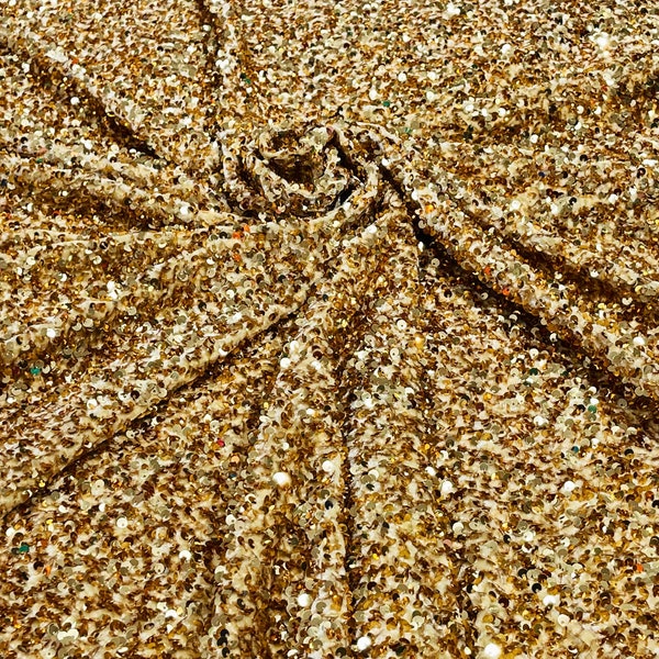 Gold Sequin Fabric on Stretch Velvet - by the yard - all Over 5mm Sequins Velvet 2-way Stretch 58/60”