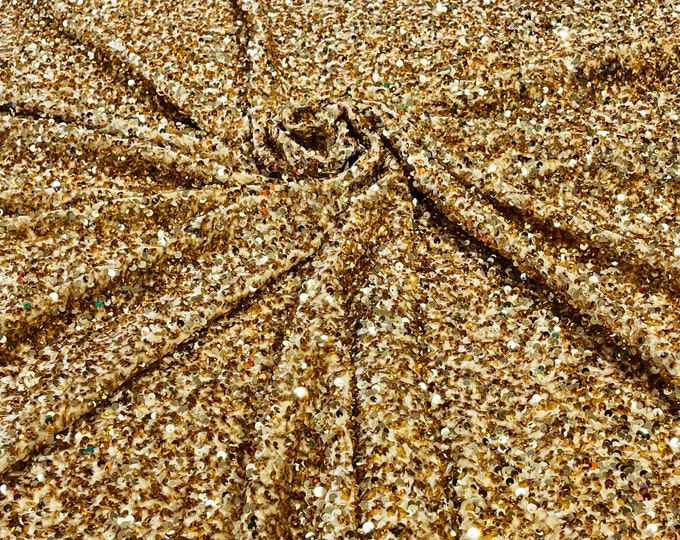 Gold Sequin Fabric on Stretch Velvet - by the yard - all Over 5mm Sequins Velvet 2-way Stretch 58/60”