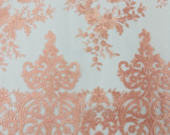 PINK Damask Design Embroidered on Mesh Lace Fabric, Floral Bridal Lace Wedding Dress by the Yard (Pick a Size)