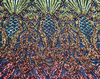 Orange Iridescent Sequin - by the yard - on Black Mesh Damask Design on a 4Way Stretch Sequins Fabric Prom