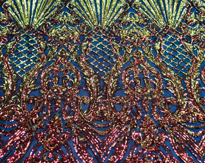 Orange Iridescent Sequin - by the yard - on Black Mesh Damask Design on a 4Way Stretch Sequins Fabric Prom