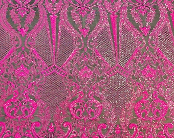 Hot Pink Sequin Damask Fabric – Black Mesh, 4-Way Stretch, Prom Gown