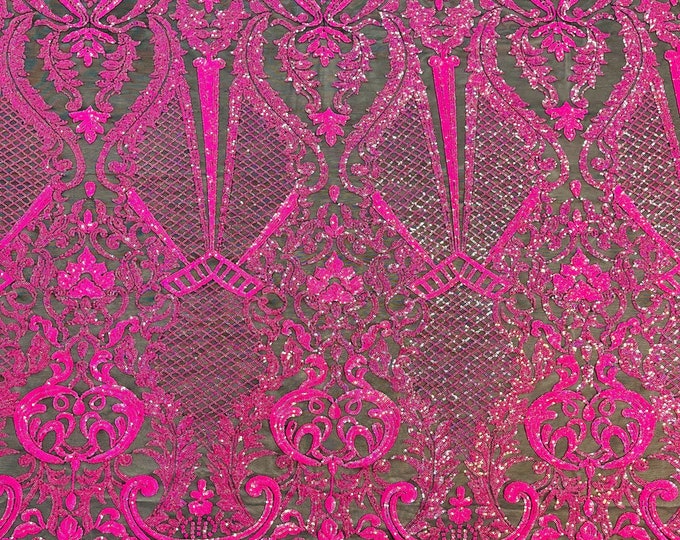 Hot Pink Sequin Fabric on Black Mesh - Damask Design on a 4 Way Stretch Sequins Fabric Mesh-Prom-Gown By Yard