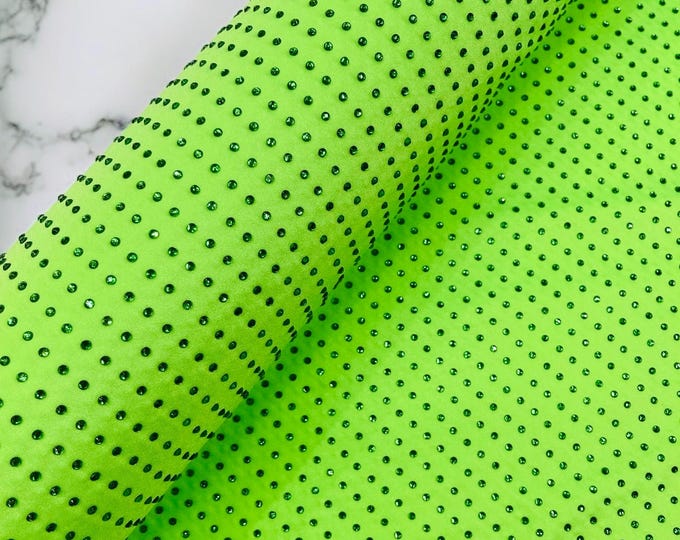 Lime Green Rhinestone Nylon Spandex 4 Way stretch Fabric Sold by the yard | Rhinestone Fabric on Nylon Spandex Fabric Prom-Drees