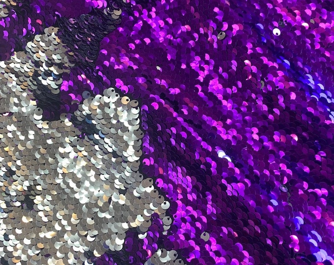 Purple/ Silver Flip Up Sequins Reversible, 2-Way Stretch 58/60” Sequins Fabric Dresses-Nightgowns-Prom Gown (Choose The Quantity)