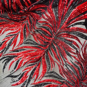 Black Red Sequin on Black Mesh - 4 Way Stretch Phoenix Wing Sequin Spandex Mesh Fabric for Prom Gala Gown Sold By Yard