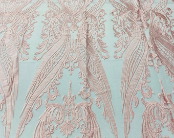 Pink Floral Embroidered Lace Fabric, Wedding Gown Mesh Lace By The Yard