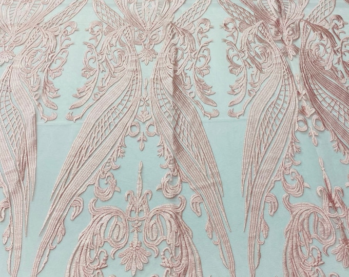 Pink Lace Fabric, Corded Lace Embroidery on a Mesh Lace Fabric By The Yard For Gown, Wedding-Bridal-Dress (Choose The Size)