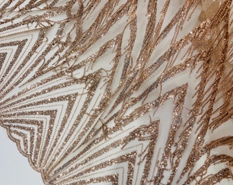 Rose Gold Fringe Beaded Fabric By Yard, Geometric Design Beaded Fringe Sequin, Fringe Beaded Fabric Embroidered on a Mesh Lace Prom Dress