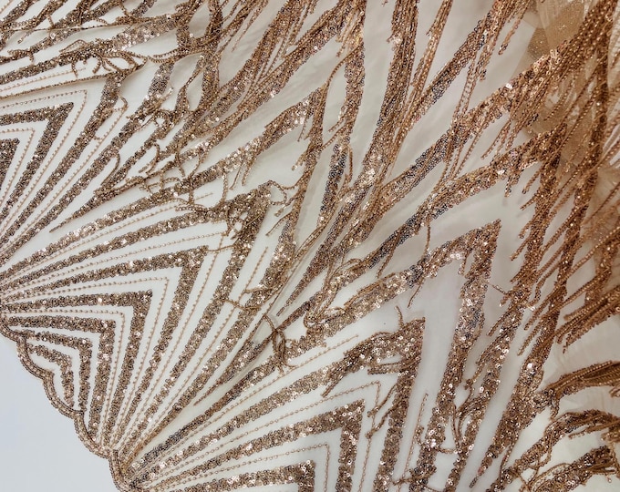 Rose Gold Fringe Beaded Fabric By Yard, Geometric Design Beaded Fringe Sequin, Fringe Beaded Fabric Embroidered on a Mesh Lace Prom Dress