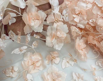 Peach 3D Floral Lace Fabric with Pearls: Embroidered Mesh, Prom Dress