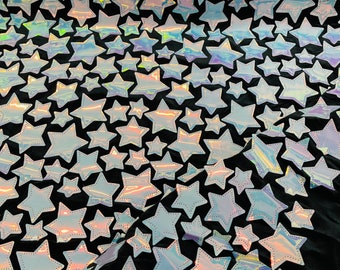 Hologram Star Sequins on Black Stretch Velvet Fabric - By The Yard