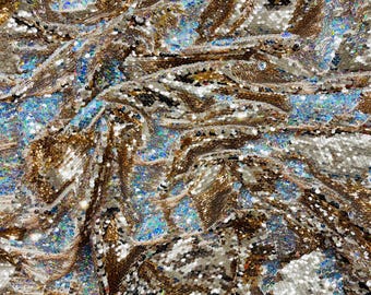 Rose Gold/Hologram Silver Flip Sequins Fabric: 2-Way Stretch Reversible Material