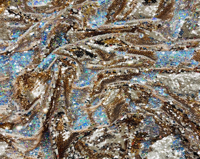 Rose Gold/Hologram Silver Sequins Fabric: 2-Way Stretch Flip-Up Reversible Sequin