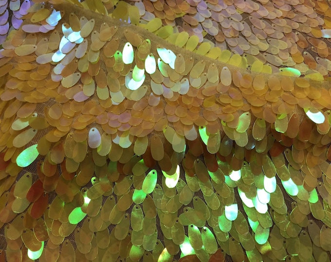Iridescent Hologram Oval Tear Drop Sequins Fabric - Iridescent Yellow - Mermaid Fabrics Dresses-Nightgowns-Prom Gown (Pick a Size)