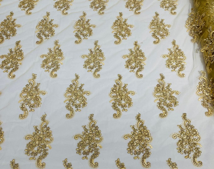 Gold With Metallic Thread Floral Lace Fabric, Embroidery With Sequins on a Mesh For Wedding-Bridal By The Yard