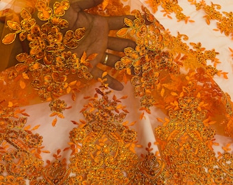Metallic Orange Corded Embroider With Sequins on a Mesh Lace Fabric Floral, Orange Metallic Lace Fabric by the yard