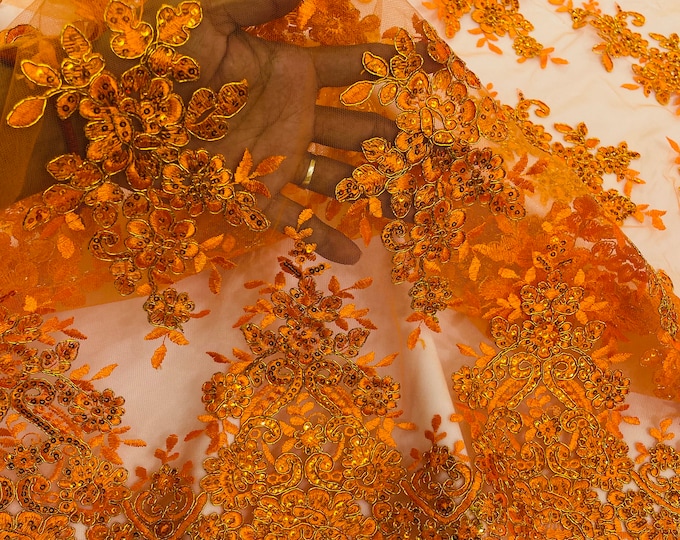 Metallic Orange Corded Embroider With Sequins on a Mesh Lace Fabric Floral, Orange Metallic Lace Fabric by the yard